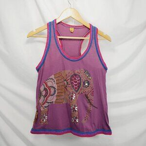 Farm Rio Sleeveless Top Elephant Print Embellished RacerTank Purple Size S (A-2)